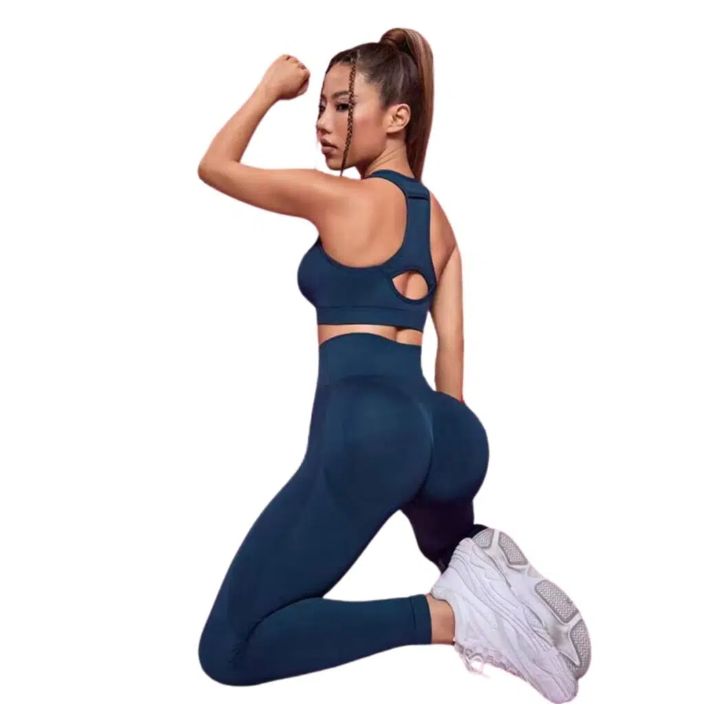 Conjunto deportivo push up mujer sin mangas con bolsillo azul oscuro