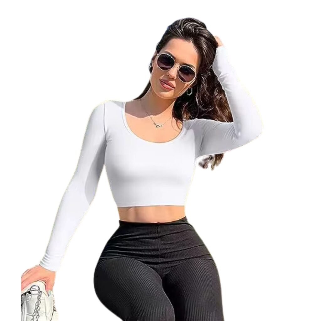 Polera deportiva mujer manga larga cuello redondo blanco
