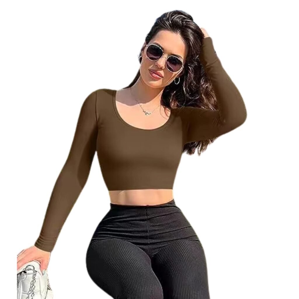 Polera deportiva mujer manga larga cuello redondo café