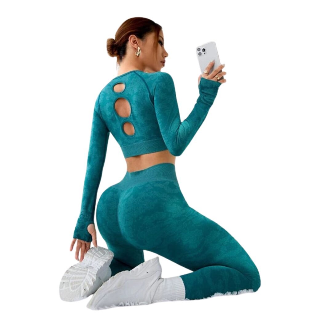 Conjunto deportivo push up mujer manga larga espalda descubierta azul pavo real