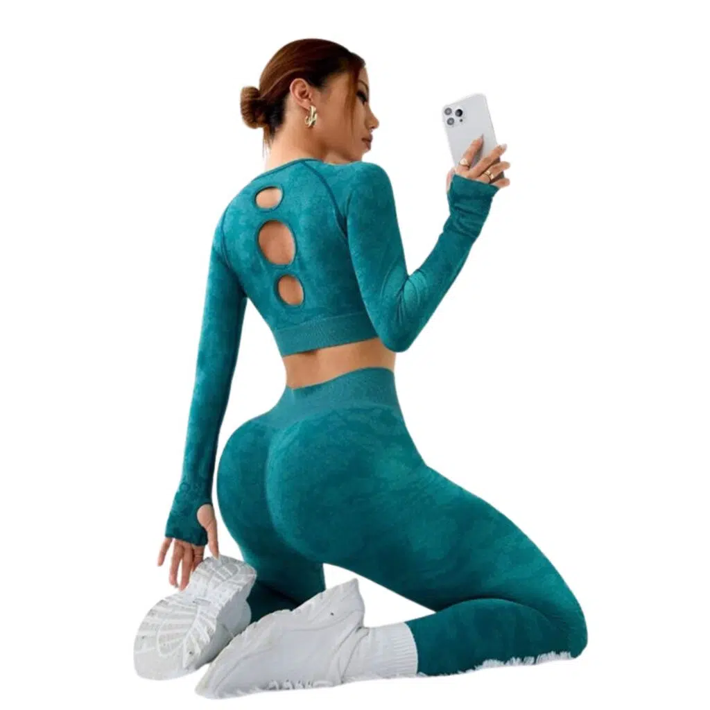 Conjunto deportivo push up mujer manga larga espalda descubierta azul pavo real
