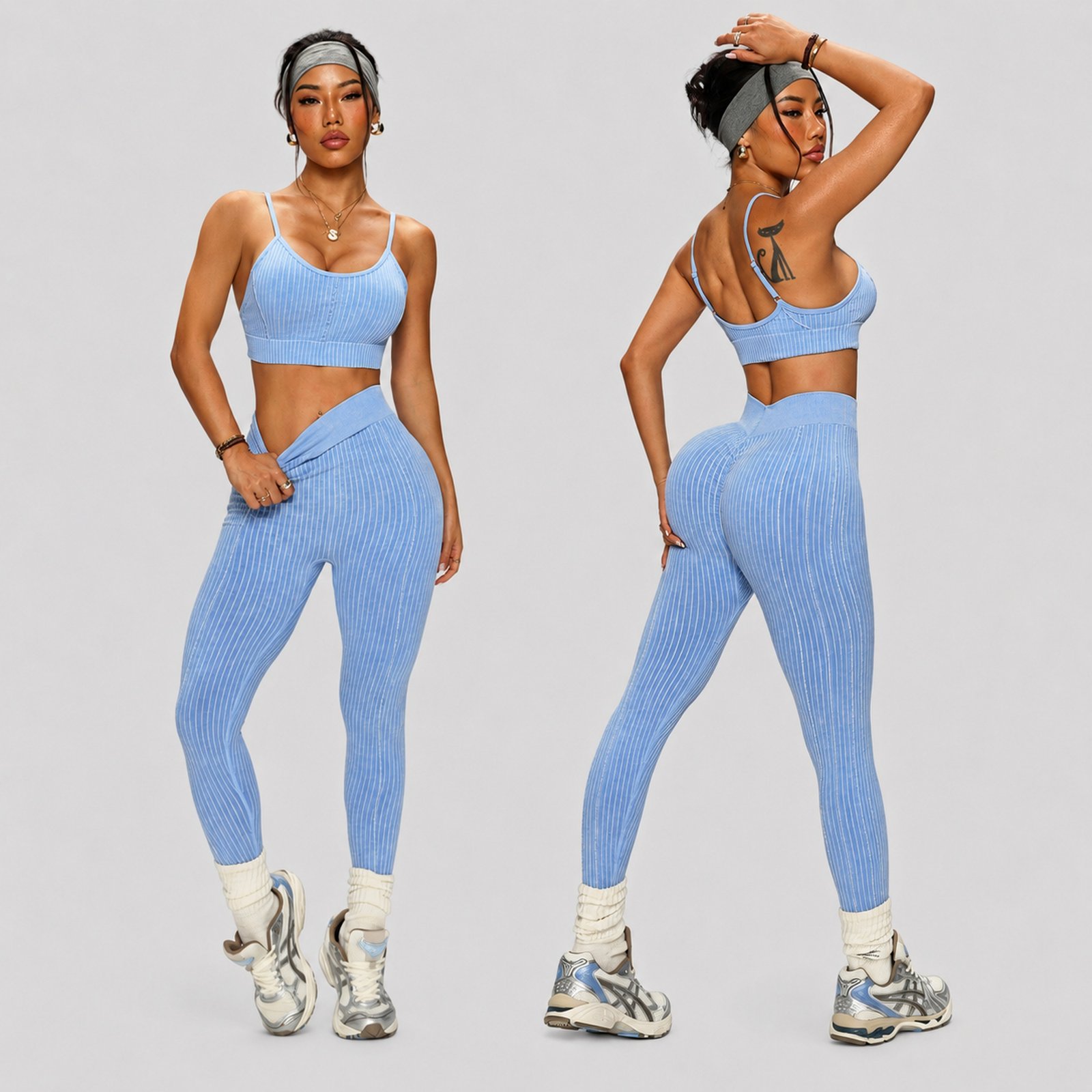 Conjunto Push Up Tiro Alto Corte V Sin Mangas Azul - Imagen 2