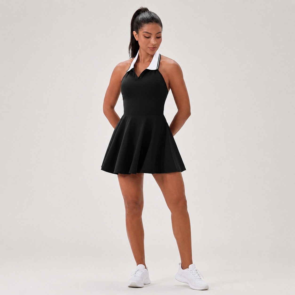 Vestido falda plisada con cuello camisero en V sin mangas Negro - Imagen 2